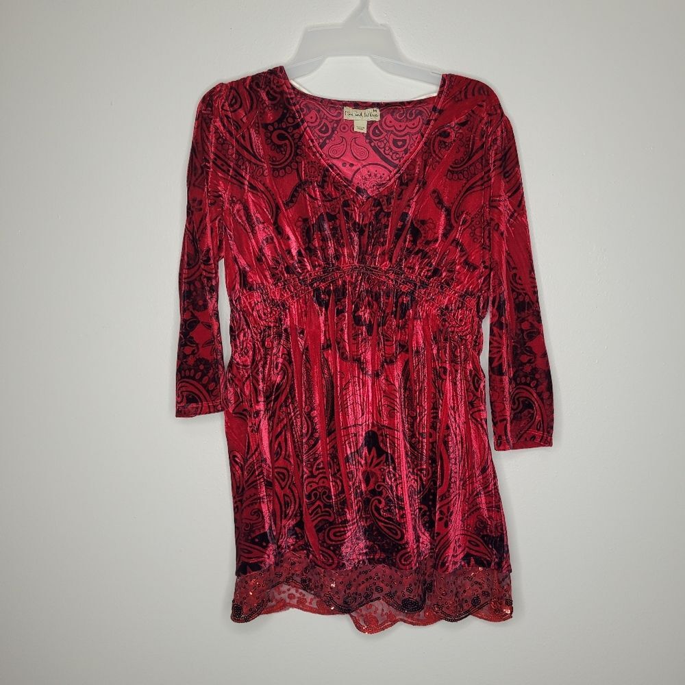 Boho red black whimsigoth witchy v neck pullover stretch tunic top size medium